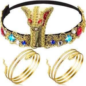Egyptian Costume Accessories Women Headpiece and Snake Arm Cuffs Gold